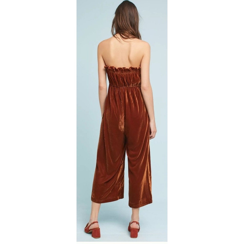 Anthropologie Kristinit Velvet Halter Jumpsuit Rust Orange Tie Neck Wide Leg M - Picture 2 of 10